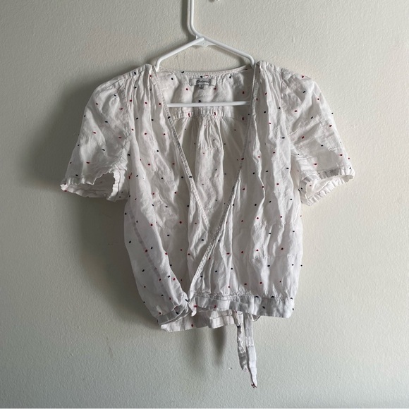 Madewell Short-Sleeve Wrap Top in Clipdot white blue red dot blouse - Picture 5 of 11